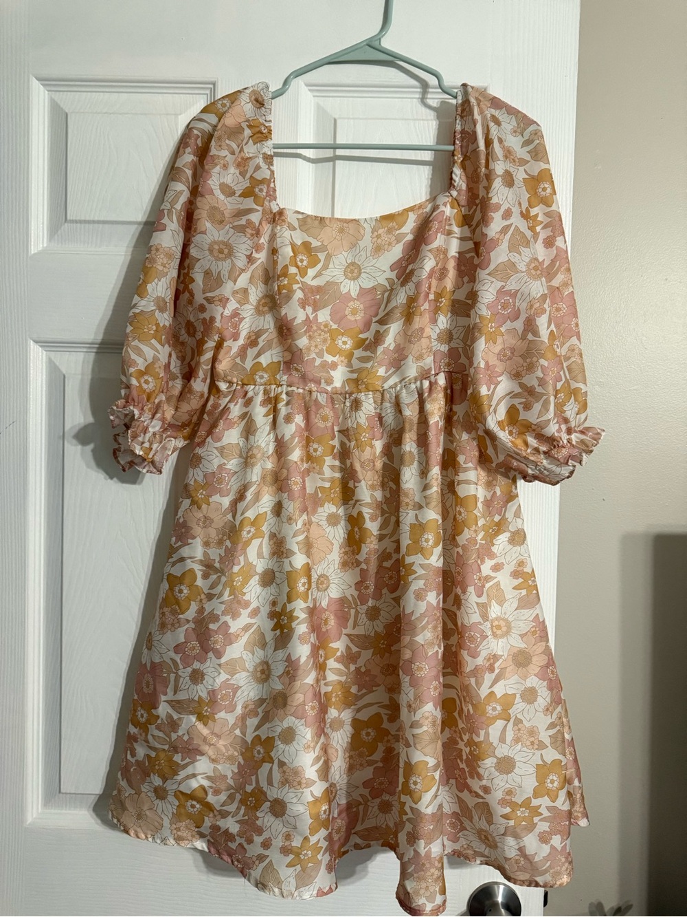 CC Boutique Pink and Mustard Floral Puff-Sleeve Dress